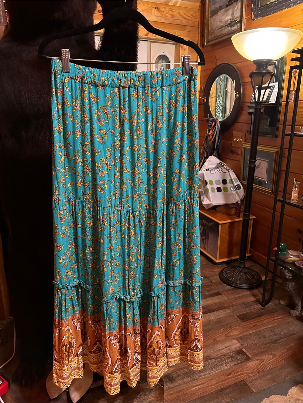 Boho Tiered Floral Maxi Skirt in Teal and Brown